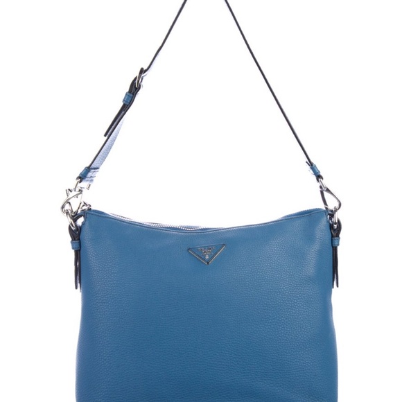 Prada Blue Leather Shoulder Bag Vitelli Dano zip top hobo.  Original box - Picture 1 of 4